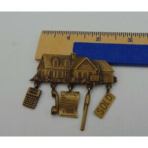 Vtg. Jonette Jewelry Realtor's Lapel Pin, Antique Bronze, Home for Sale w/Charms